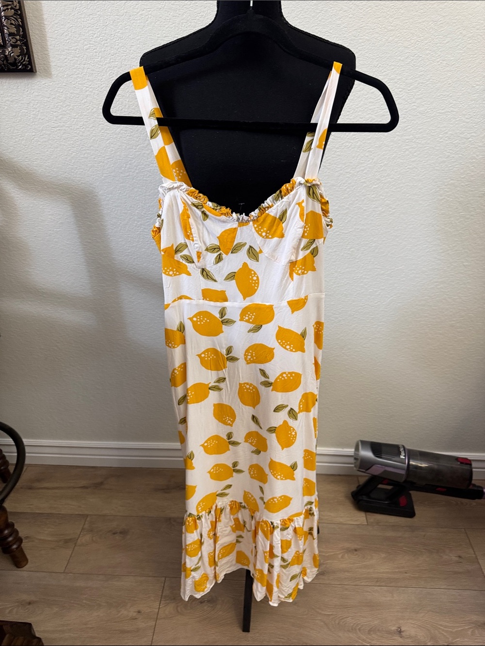 Lemon-Print White Midi Sundress with Ruffle Hem